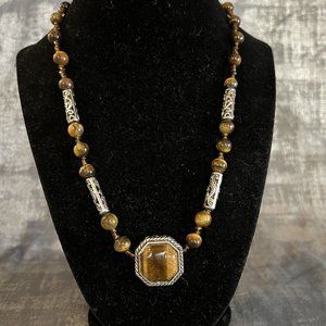 Vintage Tiger's Eye Pendant Necklace, Earth & Silver Tone Beads, Boho Style 18”